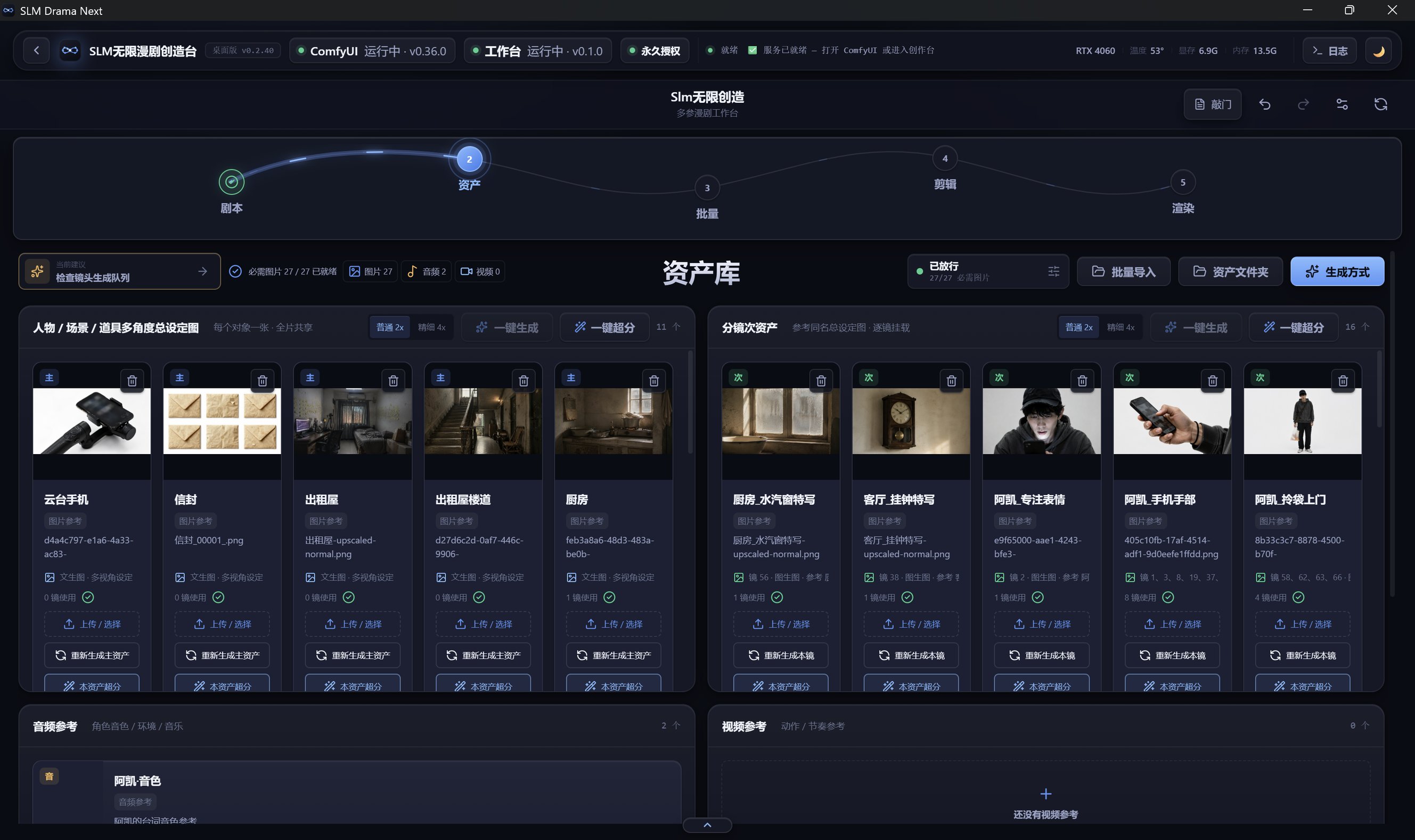 SLM 工作台 · 资产库:人物 / 场景 / 道具多角度总设定图与分镜次资产