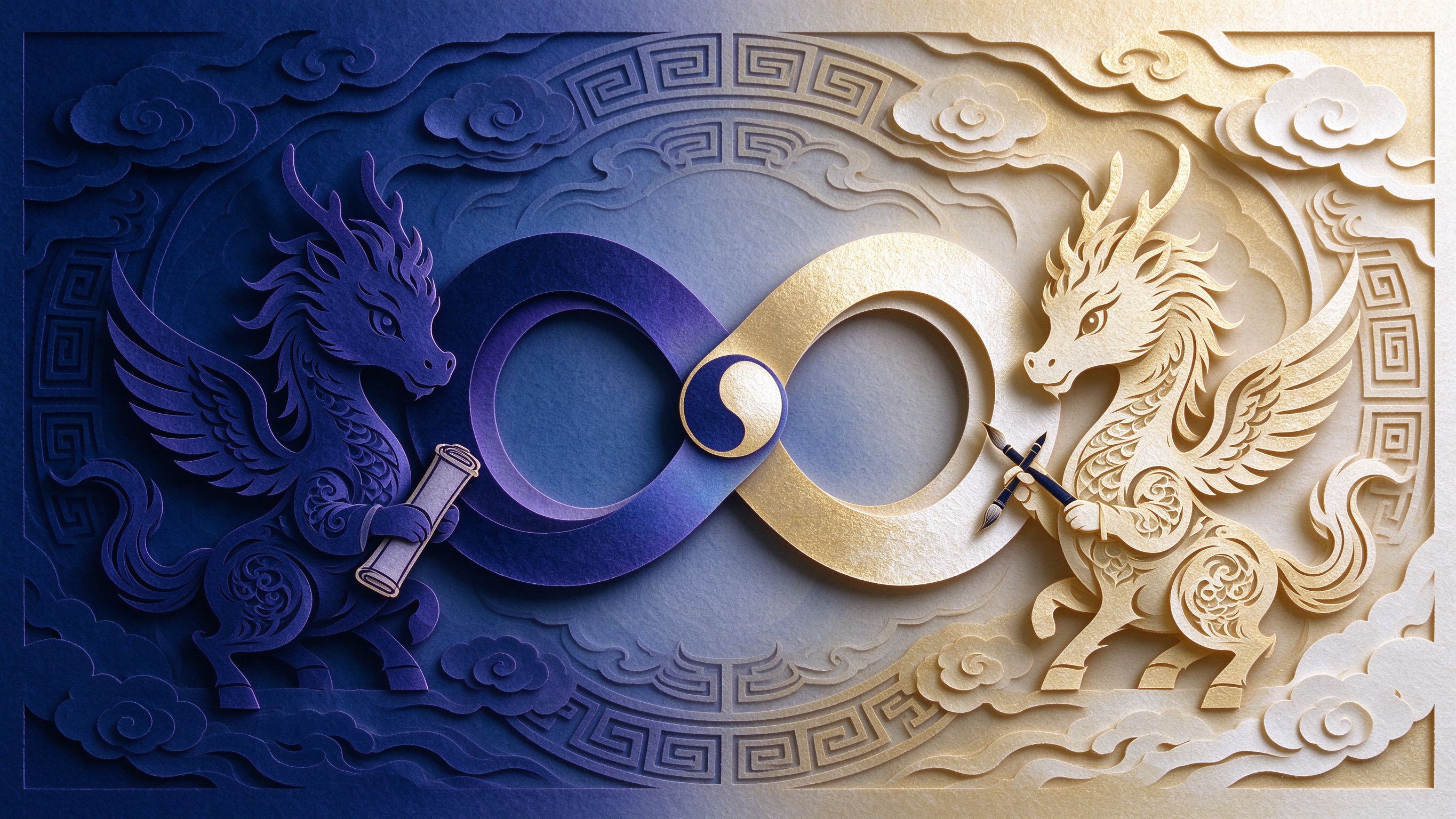 阴阳合体主视觉：双马面对面围绕无限符号 ∞，左深蓝紫右浅金白